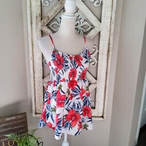 Perfect Peach Women's Tropical Hibiscus Hawaiian Smocked Babydoll Tank Top Red